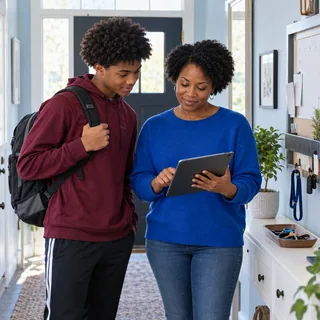 Mother and teenager reviewing household details on a tablet at home