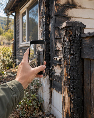 Close view of a phone recording fire-affected wood and siding