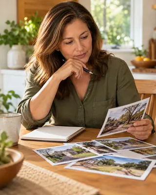 Homeowner reviewing property photographs and preparing questions in a notebook