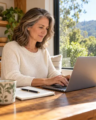Homeowner writing an inquiry on a laptop beside a notebook