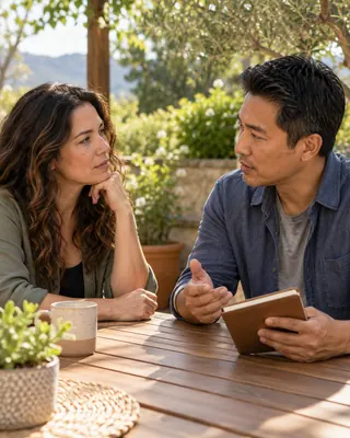Two neighbors discussing questions and possible next steps at a patio table