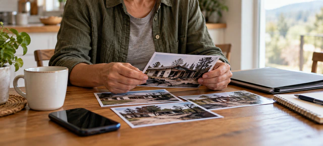 Hands organizing property photographs and a personal record folder
