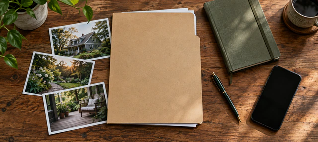 Property photographs arranged beside a notebook and phone