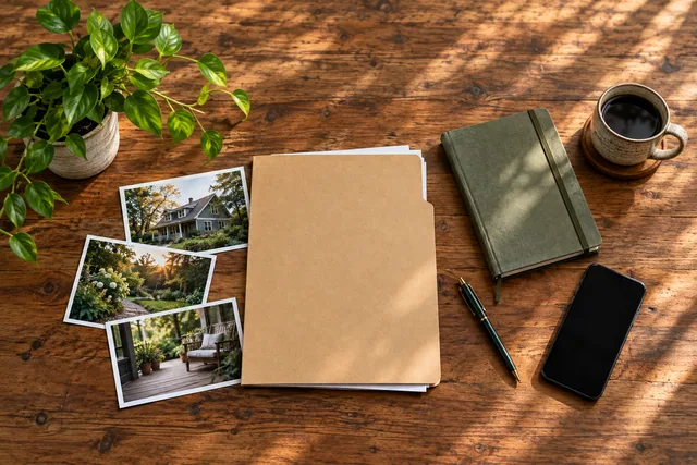 Property photographs arranged beside a notebook and phone