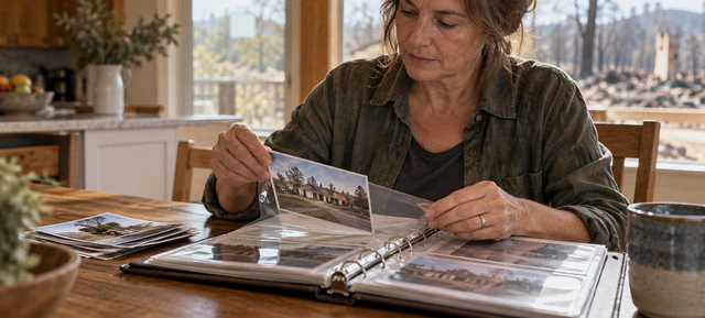 Homeowner placing a property photograph into an album