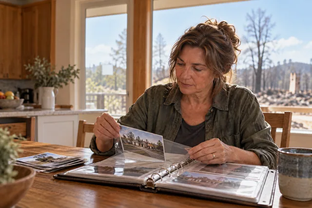 Homeowner placing a property photograph into an album